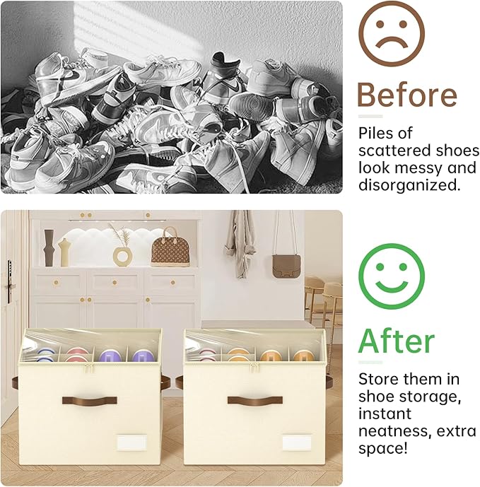 Shoe Organizer for Closet, 2 Pack Shoe Organizer with Clear Cover, Closet Shoe Storage Containers w/Adjustable Dividers, Foldable Storage Bins for Shoes, Fits 16-32 Pairs, Beige-NeatNest