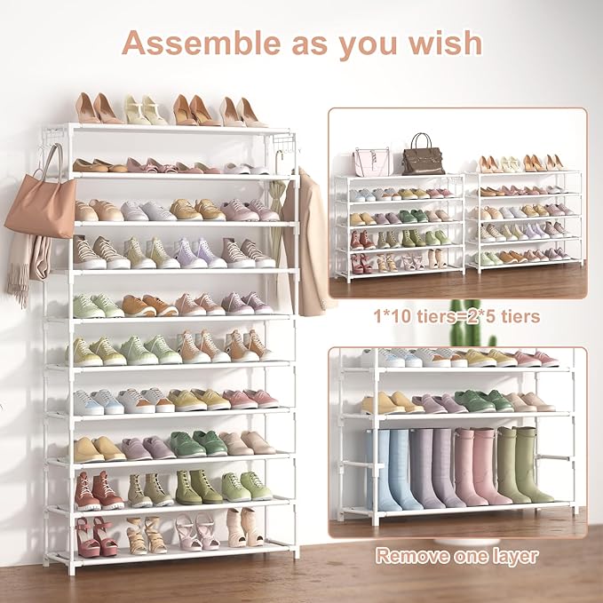 10 Tiers Shoe Rack 50 Pairs Large Capacity Tall Shoe Organizer Sturdy Shoe Storage with Two Hooks Space Saving Metal Wide Shoe Rack for Closet, Entryway, Bedroom, White-NeatNest