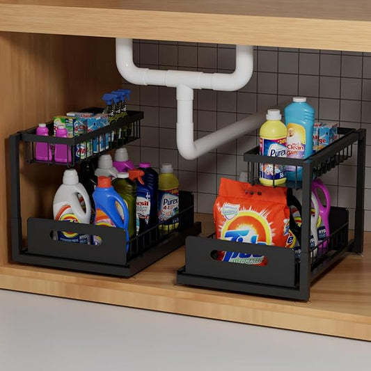 2-Tier Under Sink Slide Out Organizer, 2 Pack Pull Out Cabinet Storage Shelf with Sliding Wire Basket Drawer for Bathroom Kitchen, Countertop or Pantry Shelf, Black-NeatNest