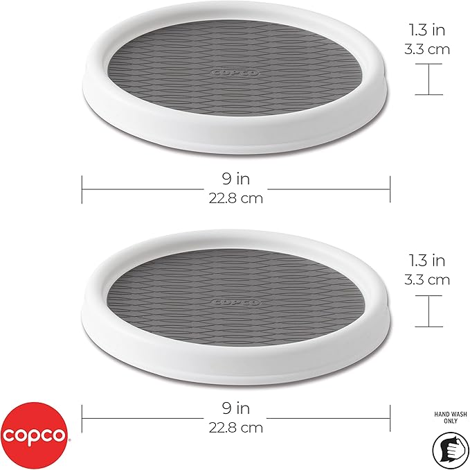 Copco 9 Inch Non Skid Pantry Cabinet Lazy Susan Turntable, Set of 2, Spinning Organizer for Kitchen, Countertop, or Bathroom, White and Gray-NeatNest