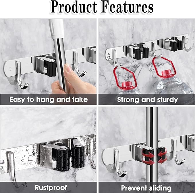 2 Racks and 3 Hooks Broom and Mop Holder Wall Mounted Garage Organizer Storage Tool Racks Stainless Steel Heavy Duty Hooks Self Adhesive Solid Non-slip Wall Hangers for Home Kitchen Garden Laundry-NeatNest