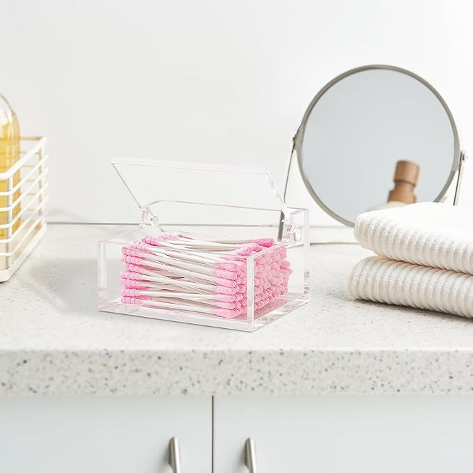 Clear Acrylic Qtip Holder with Lid, Cotton Balls Swab Organizer, 3.9" x 2.8" x 2" Dispenser for Makeup Pad, Floss Picks, Bath Salts, Cosmetic Storage Case, Home Bathroom Decor (DP051)-NeatNest