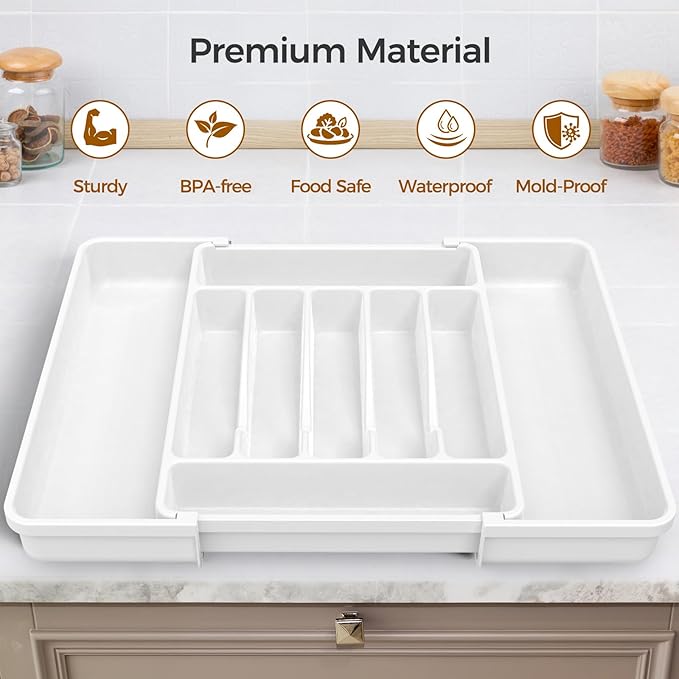 Extra Large Expandable Silverware Organizer, BPA-Free Food-Safe Cutlery Flatware Organizer, Kitchen Utensil Drawer Organizer, Adjustable Silverware Holder for Spoons Forks Knives, White-NeatNest