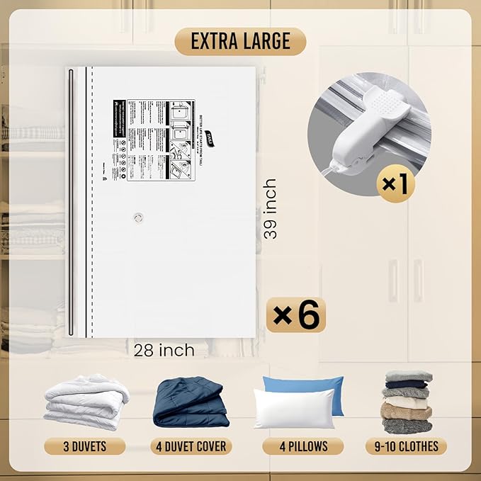 TAILI 6 Pack Vacuum Storage Bags, LONG SIDE ZIP (39x28 inch), Vacuum Seal Bags for Clothing, Jumbo Storage Space Saver for Beddings, Comforters, Blanket, Pillows and Clothes-NeatNest