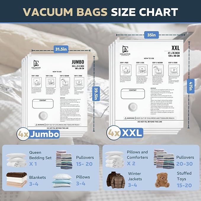 8 pack XXL Jumbo Vacuum Storage Bags - Vacuum Seal Bags for Clothing, Bedding, Blankets - Storage And Organization – Space Saver Vacuum Storage Bags - 4XXL (47x35in) + 4Jumbo (39.5x31.5in)-NeatNest