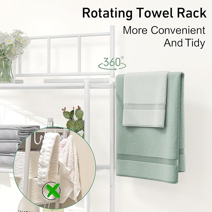 3-Tier Over The Toilet Storage Rack, Freestanding Bathroom Shelves Organizer with Hooks and Toilet Paper Holder, Space Saver Metal Shelf for Small Bathroom, White