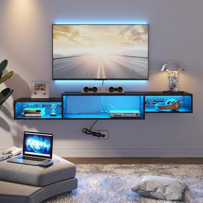 4 EVER WINNER Floating TV Stand, with LED Lights, 59” Floating Entertainment Center with Power Outlet and Storage, Floating TV Shelf Media Console Cabinet for Gaming Box Audio Video, Black-NeatNest
