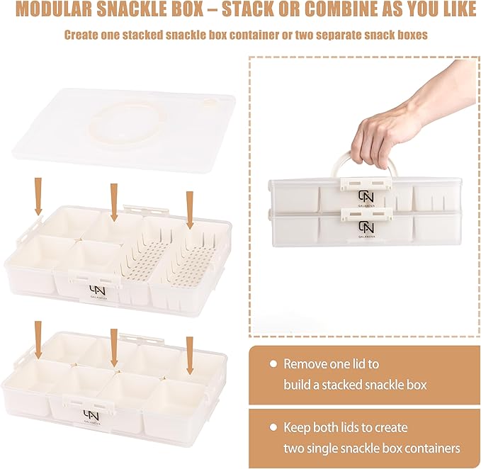 Stackable Snackle Box Container with 2 Lids - BPA-Free Snackle box Organizer, Dishwasher & Microwave Safe Reusable Snacklebox for Veggies, Fruits, Charcuterie, Snacks (White, 2 Pack)