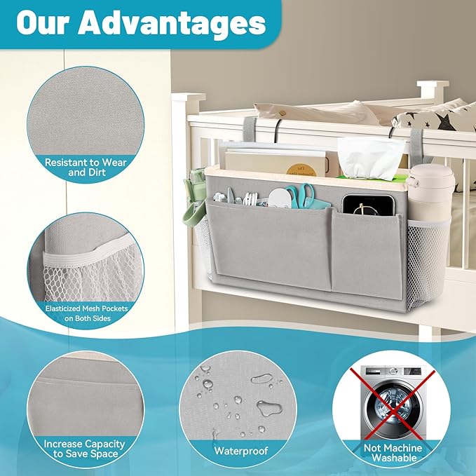 BlissTotes Bedside Caddy, Bedside Storage Organizer for Bunk Bed Accessories, Dorm Storage for Bedside Shelf and Bunk Bed Shelf, Bed Caddy for Home, Dorm, Bunk (Light Gray, 2 Pack)-NeatNest