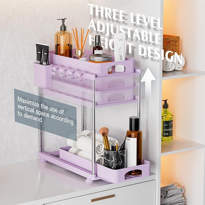 Under Sink Organizer - 2 Pack Adjustable Height, 2 Tier Organizers for Bathroom & Kitchen Sink, Purple-NeatNest