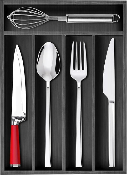 Ayiaren Small Kitchen Silverware Organizer Wooden Utensil Drawer Organizers Narrow Flatware Tray Wood Flatware Organizer for Drawer Spoon Organizer Black Utensil Holder Drawers Bamboo Silverware Tray-NeatNest