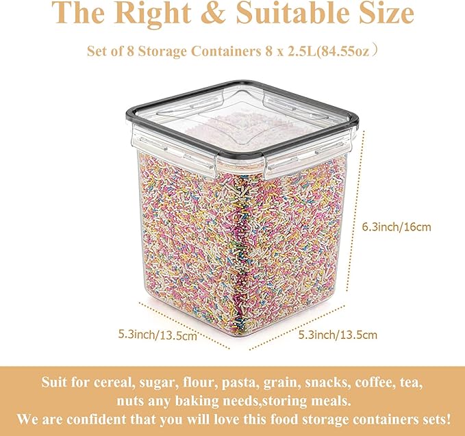 Cereal Container Food Storage Containers, Airtight Dry Food Storage Containers Set of 8 (2.5L/85oz) for Flour, Sugar, Cereal and Pantry Storage Containers with Black Locking Lids-NeatNest