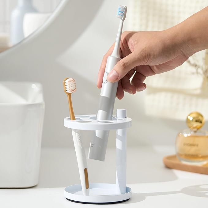 Metal Toothbrush Holder Stand for Bathroom: Stainless Steel Ventilated Organizer with Slots for Electric Toothbrushes, Toothpaste, Razors & Small Comb, Unique Footprint Base Design, White