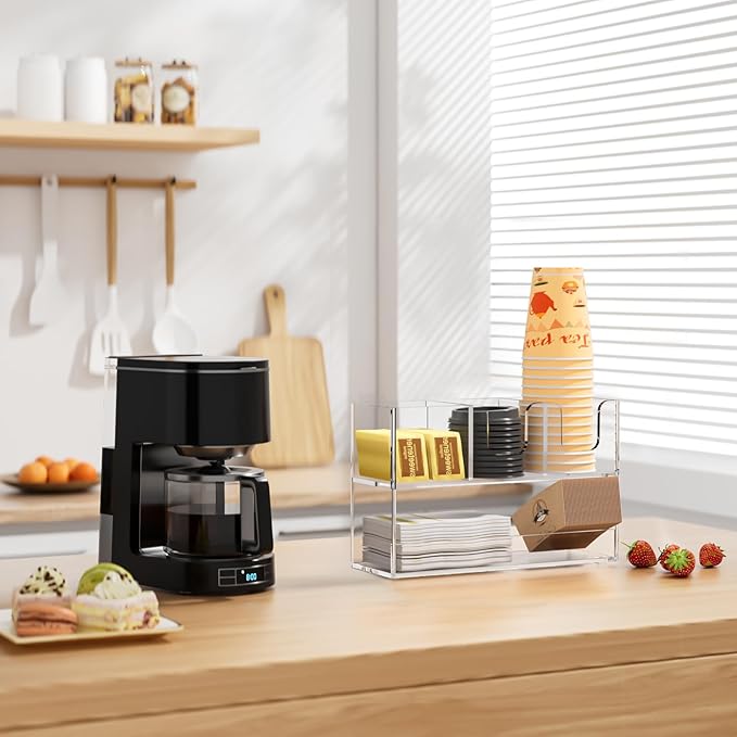 Coffee Condiment and Cup Organizer - 2-Tier Upright Cup and Lid Holder with Straw Organizer 4 Compartments Clear Acrylic Cup Dispenser for Restaurant Breakroom Coffee Station Countertop-NeatNest