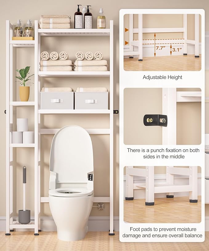 Homde Over The Toilet Storage with Basket and Drawer, Bamboo Bathroom Organizer with Adjustable Shelf & Waterproof Feet Pad, Space Saver Rack for Restroom, Laundry,White-NeatNest