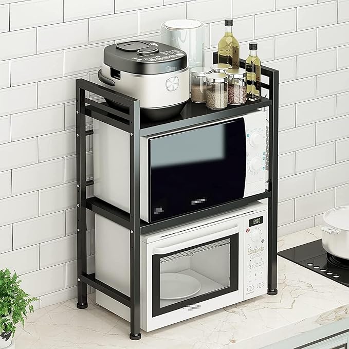 DOLALIKE Microwave Oven Rack, Expandable Microwave Stand Countertop Kitchen Utensils Tableware Storage, Carbon Steel Over Microwave Shelf Countertop with 3 Hooks-NeatNest
