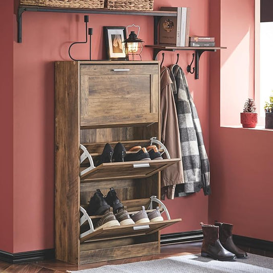 Haotian Freestanding Shoe Cabinet with 3 Flip-Drawers, Rustic Brown, W23.6 x D9.1 x H45.3 inches, Entryway-NeatNest