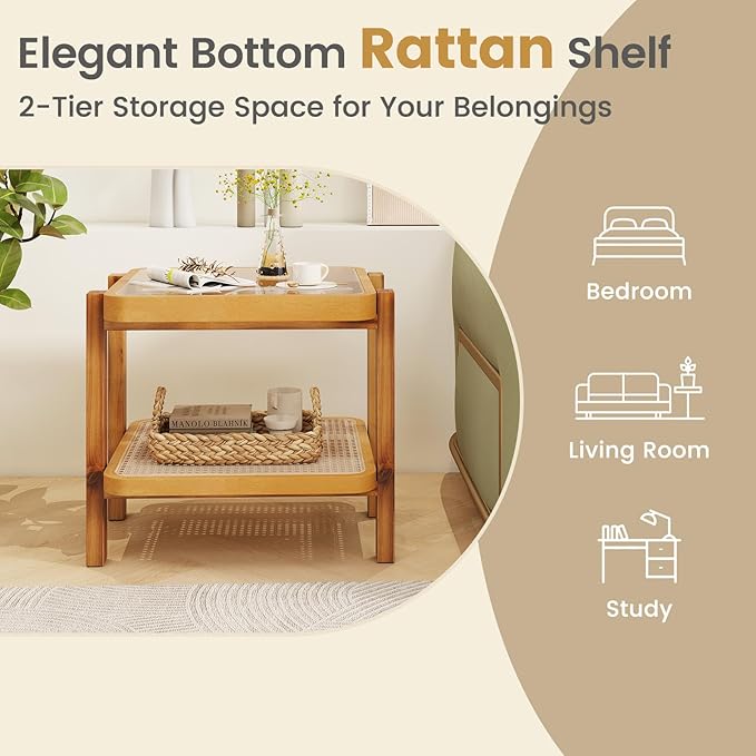 Giantex Rattan Side Table, Boho End Table for Living Room, Narrow Bedside Table with Tempered Glass Top, Wood Accent Table with Rattan Storage Shelf, 2-Tier Nightstand for Bedroom Small Spaces