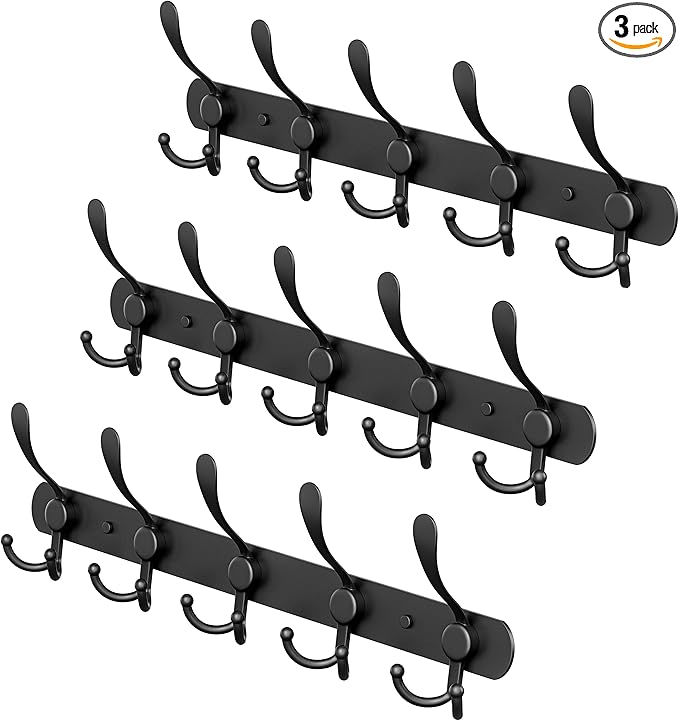 Coat Rack Wall Mount with 5 Tri Hooks, Stainless Steel 16 Inch – Black Matte Finish, Heavy Duty Wall Mounted Hook Rack for Coats, Hats, Towels, Scarfs, Robes, Bags, Entryway & Bathroom - 3 Pack-NeatNest