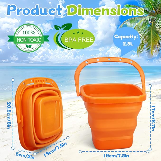Jumbo Beach Sand Bucket Toy for Kids, 3L Collapsible Sandbox Pail, Easter Buckets, 3 Pack Multi Use Tool for Garden, Planting, Camping, Storage Fishing, Washing, Summer Holiday Travel Birthday Gifts-NeatNest