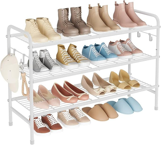 3 Tier Shoe Rack 33" Wide Metal Shoe Organizer Long Shoe Storage with 4 Side Hooks Sturdy Shoes Shelf for Front Door Entrance, Closet, Garage, Dorm, White-NeatNest