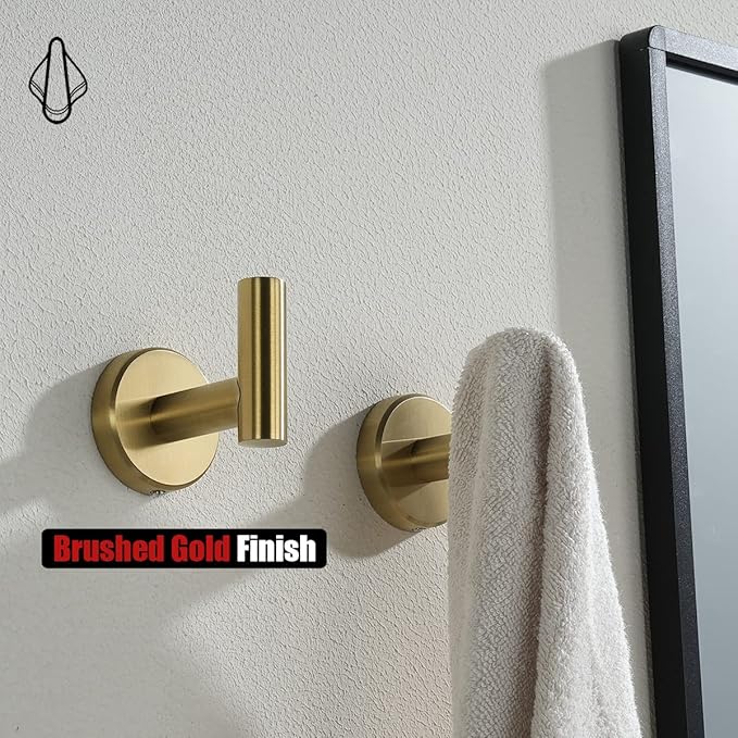 JQK Bathroom Towel Hook Brushed Gold, Brass Coat Robe Clothes Hook for Bathroom Kitchen Garage Wall Mounted (Pack of 4), SUS 304 Stainless Steel 0.8mm, TH100-BG-P4-NeatNest