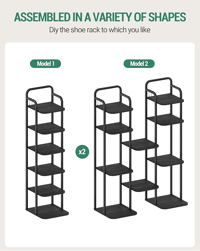 Vertical Shoe Rack, Shoe Shelves, Wood Shoe Organizer for Closet, Entryway, Shoe Tower for Small Spaces, Free Standing, Adjustable, with 2 Hooks, 6 Tier Black SR04204B-NeatNest