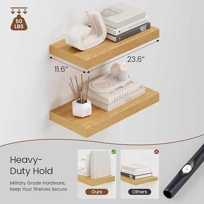 Heimlove 12" Deep Floating Shelves for Wall, 24 Inch Wall Shelf Bathroom Shelves Set of 2, Wall Mounted Shelves for Books Living Room Laundry Room Bedroom Kitchen Home Office, Oak-NeatNest