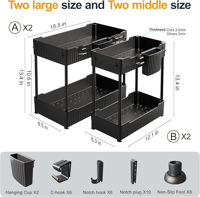 4 Pack Under Sink Organizer, Under Bathroom Cabinet Organizer with Hooks Hanging Cup, Multi-Purpose Storage Shelf for Kitchen Bathroom, Black-NeatNest