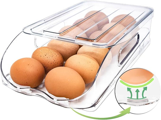 Egg Holder for Fridge, Automatic Steady Rolling Egg Container with Soft Bumpers & Handle for Refrigerator, Stackable Fridge Organizers and Storage with Lid
