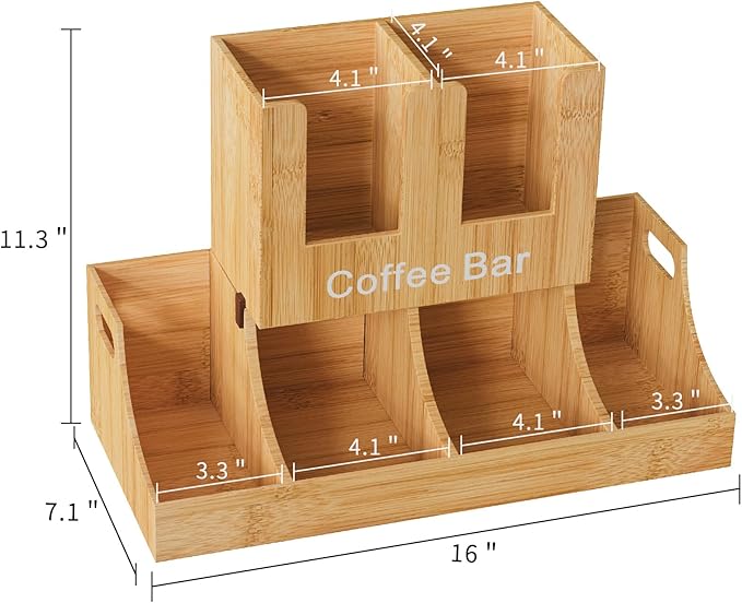 Coffee Station Organizer, Bamboo Coffee Bar Organizer for Countertop, Condiment and Cup Storage Organizer, Bar Accessories for Kitchen, Office, Home, Brown-NeatNest