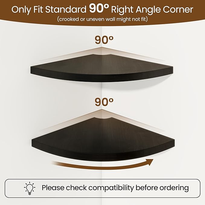 Fun Memories Corner Shelf Wall Mount Set of 2 - Solid Oak Wood Floating Corner Shelf with Cable Hole, 10in Rustic Design for Bedroom, Living Room, Kitchen (Black)-NeatNest