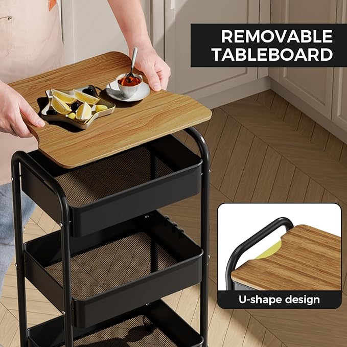3 Tier Rolling Cart with Table top, Metal Utility Cart, Sturdy Storage Organizer Cart with Locking Wheels & Hooks for Office, Classroom, Kitchen and Bathroom-NeatNest