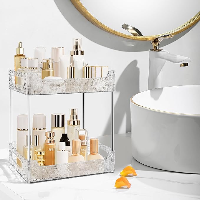 2-Tier Bathroom Counter Organizer Countertop Storage, Dresser Organizer Vanity Tray for Makeup, Perfume Organizer Cosmetics Skincare Shelf - Clear-NeatNest