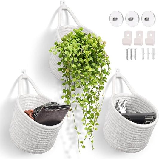 Fabric Wall Hanging Baskets - 3Pack Woven Pouchs Boho Style Wall Mounted Bag with Adhesive Hooks, Storage Organizers and Decoration Pocket Caddy Bins on Door Rack (White & White, Large)