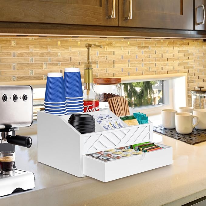 Coffee Bar Organizer with Drawer, Coffee Station Organizer for Countertop, Wood Coffee Bar Accessories Organizer for Coffee Bar Decor, Farmhouse Coffee Cup Pod Holder Condiment Organizer(White)-NeatNest