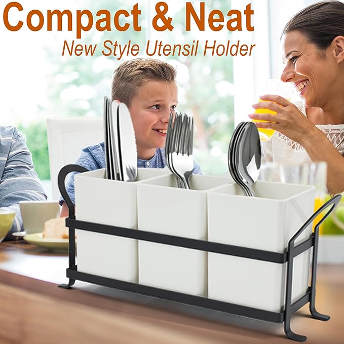 Cutlery Holder with Drain Holes, Silverware Caddy for Party Countertop, 3pcs Bins Set Utensil Holders for Spoon and Fork, White-NeatNest