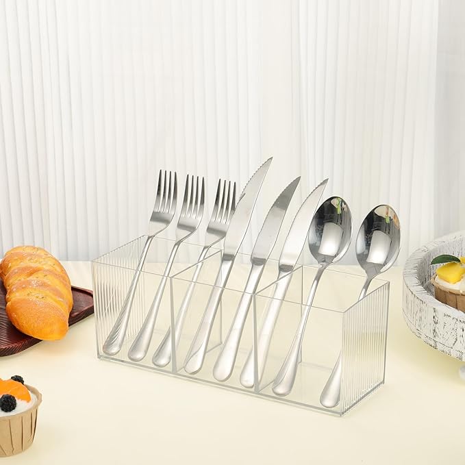 Cutlery Storage Organizer, Silverware Caddy with 3 Cavities Clear Silverware Holder Knife Fork and Spoon Organizer Tableware Storage Box for Kitchen Countertop Dining Room Home Office Desk Party Table-NeatNest