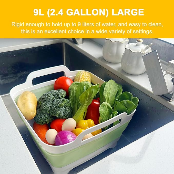Collapsible Dish Tub 9L-Collapsible Basin Bucket Portable Sink-Outdoor Multiuse Foldable Sink Tub Wash Dish Basin for Kitchen Basin RV Camping (Green)-NeatNest