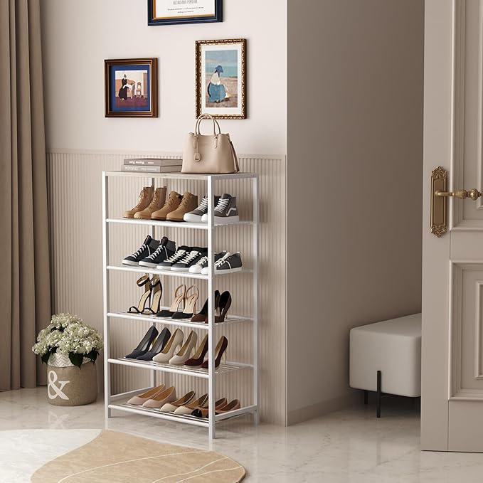 HOMEFORT Shoe Rack 6-Tier, Shoe Storage Shelf, Industrial Shoe Tower, Narrow Shoe Organizer for Closet Entryway, Small Shoe Rack Table with Durable Metal Shelves,White Oak-NeatNest