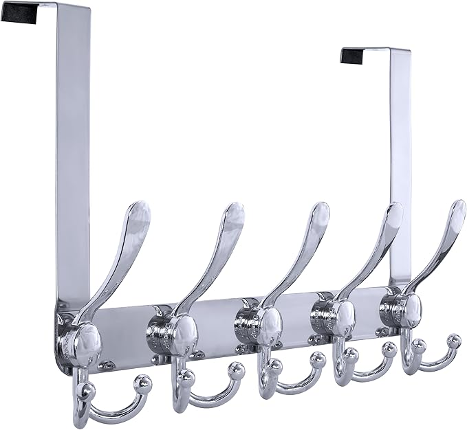 Dseap Over Door Hook 2.0 - Upgraded Version - Simple-Assembly, Strong, Heavy-Duty Stainless Steel 5-Tri-Hook Over The Door Hanger Rack, SimpleStrong Series, Chromed
