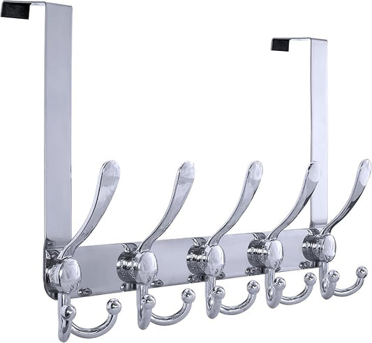 Dseap Over Door Hook 2.0 - Upgraded Version - Simple-Assembly, Strong, Heavy-Duty Stainless Steel 5-Tri-Hook Over The Door Hanger Rack, SimpleStrong Series, Chromed