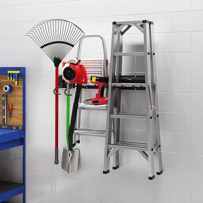 Godboat Garage Storage, 6 Hooks Garden Tool Organizer, 32‘’ Garage Organization Wall Mount, 2Pack Shelving for Yard Tools & Water Hose, Cool Gadgets for Fathers Day, Dad, Men Gifts, Max Load 550lbs-NeatNest