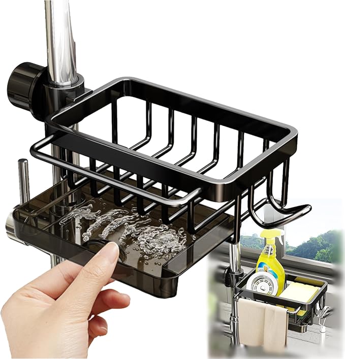 Sink Organizer Rack for Kitchen and Bathroom, 2024 New Stainless Steel Detachable Hanging Faucet Drain Rack with Drip Tray Faucet Sponge Holder for Bathroom (Black, Right)
