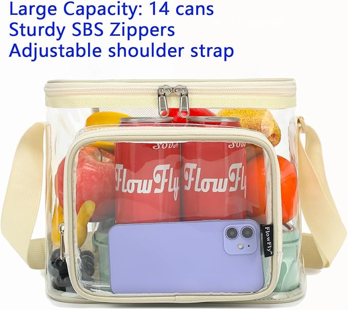 FlowFly Insulated Reusable Lunch Bag Adult Large Lunch Box for Women and Men with Adjustable Shoulder Strap,Front Zipper Pocket and Dual Large Mesh Side Pockets,Clear#Biege-NeatNest