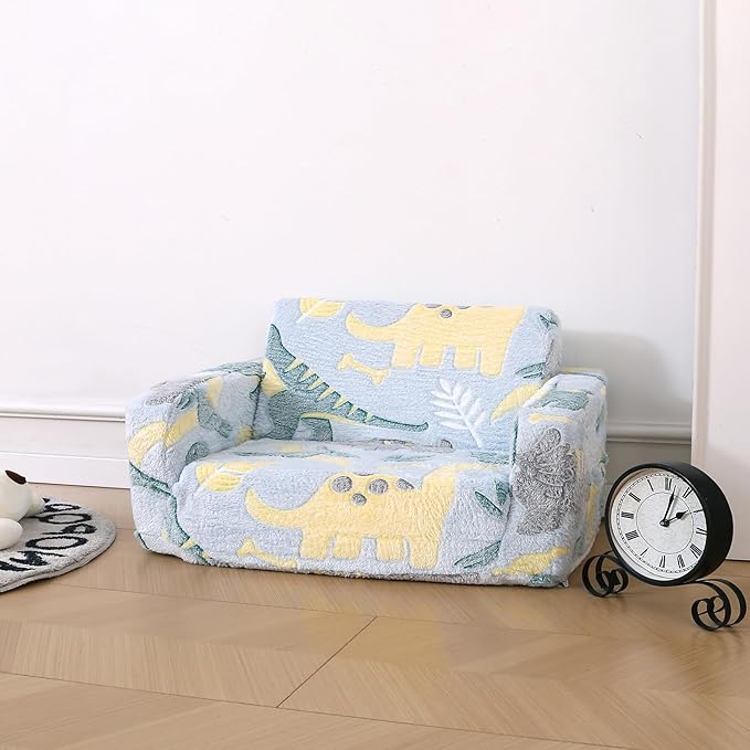 Foldable Kids Sofa Extra Wide for 2 Seats,Soft Kids Fold Out Couch Glow in The Dark,Convertible Sofa to Lounger Toddler Sofa Chair(Dinosaur)-NeatNest