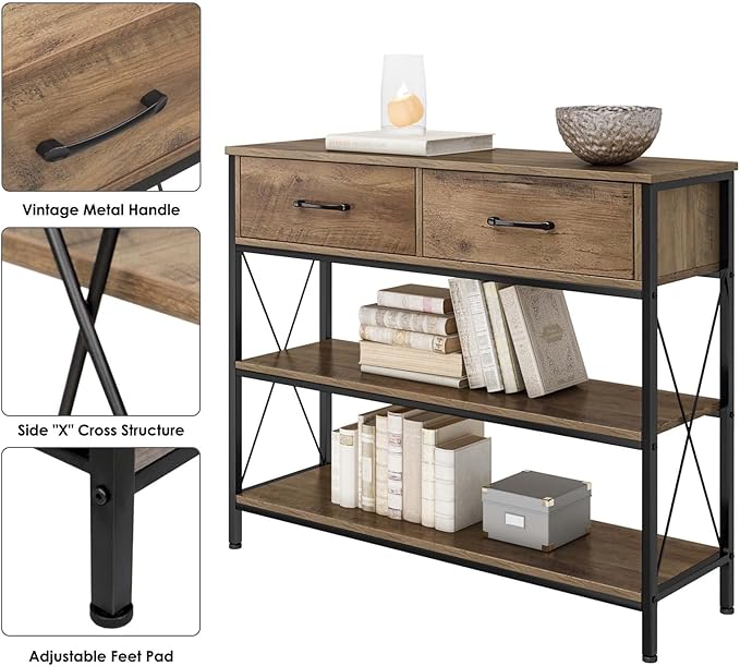 HITHOS Industrial Console Table with Drawers, Vintage Hallway Foyer Table with Storage Shelves, Narrow Long Sofa Entryway Table for Living Room, Rustic Brown-NeatNest