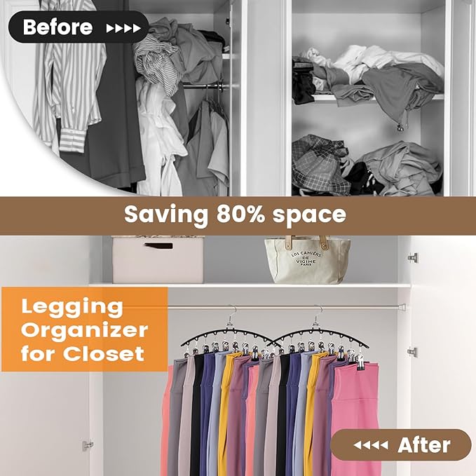 Hendiy Legging Organizer for Closet, Rotatable Pants Hangers 3 Pack w/10 Clips Holds 30 Leggings, Leggings/Shorts/Jeans/Skirts/Pants Hangers w/Rubber Coated, Space Saving Hanging Closet Organizer-NeatNest