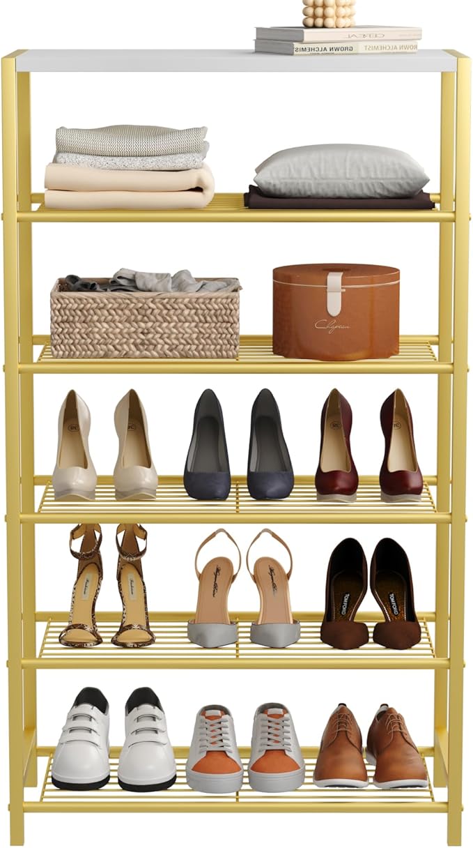 HOMEFORT Shoe Rack 6-Tier, Shoe Storage Shelf, Industrial Shoe Tower, Narrow Shoe Organizer for Closet Entryway, Small Shoe Rack Table with Durable Metal Shelves,Gold-NeatNest