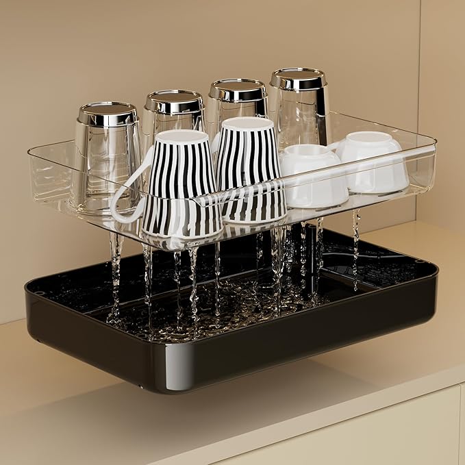 Countertop Coffee Station Organizer, 2 Tier Wine Glass Holder, Mug Display Shelf with Removable Drain Tray, Spice & condiment Rack for Kitchen, Bathroom Countertop Organizer, Black-NeatNest